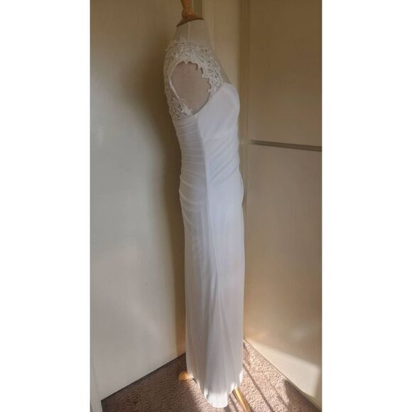 Xscape White Jersey,  Chiffon and Lace Empire Waist Gown with side Draped Oversk - Picture 3 of 11